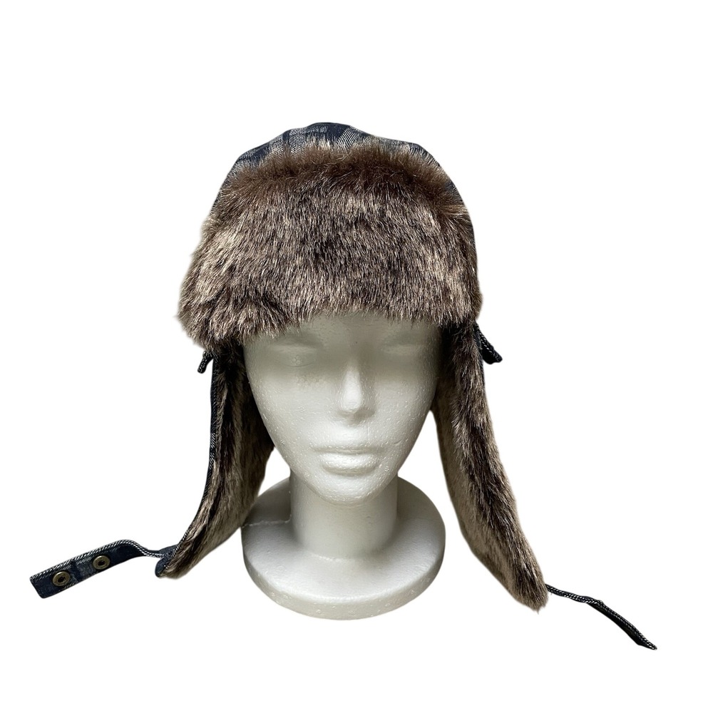 True Religion Trapper Sherpa Hat Blue Plaid Horse Shoe Pocket Faux Fur NEW